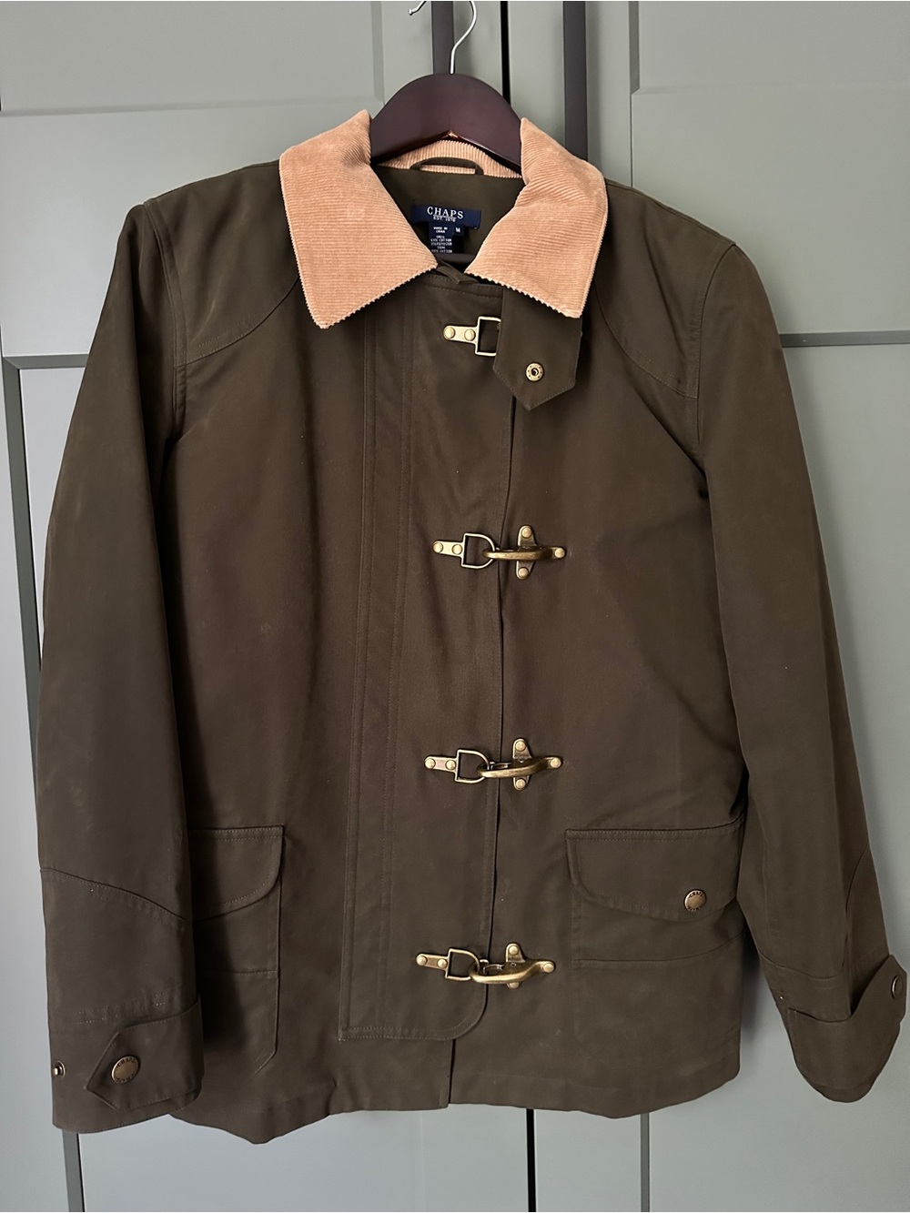 Chaps Olive Green Field Jacket with Tan Corduroy Collar